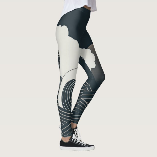 Legging Elegante Trabalho de arte branco e preto de ondas  (Direita)