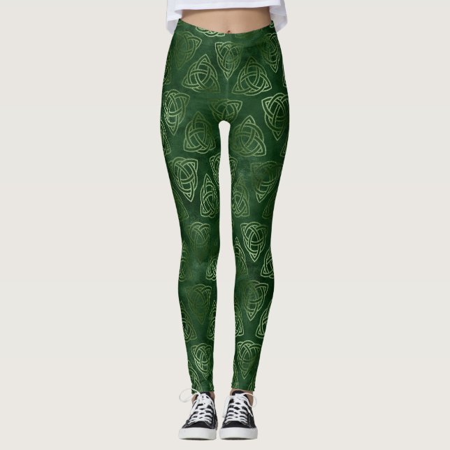 Legging Elegante Verde e Dourado Padrão Celta Irlandês (Frente)