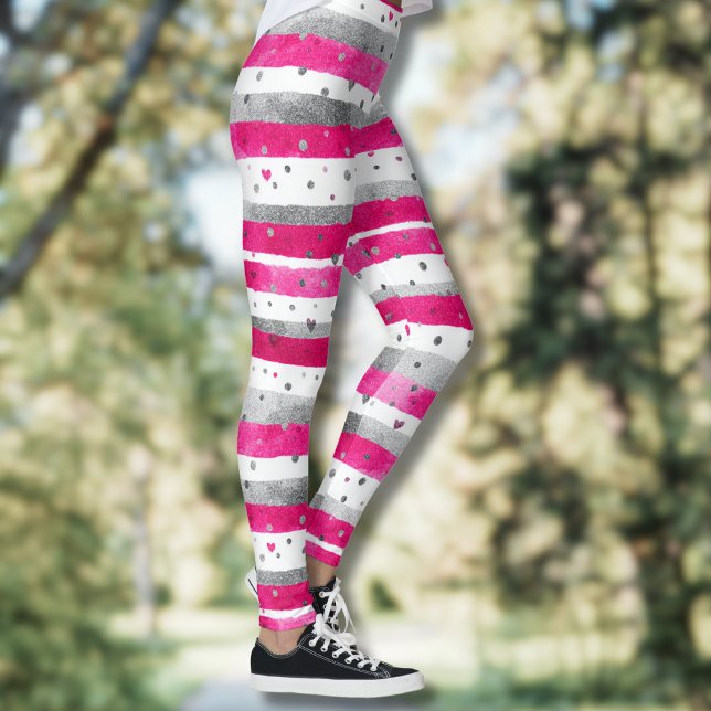 Legging Elegantes Corações de Rosa e Prata no Listrado (Criador carregado)