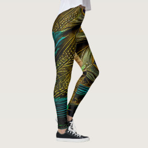 Legging Elegantes Penas de Pavão Azul Turquesa Dourado Abs