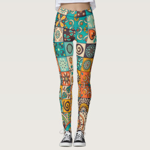 Legging Elementos Decorativos: Padrão Vintage Desenhado à