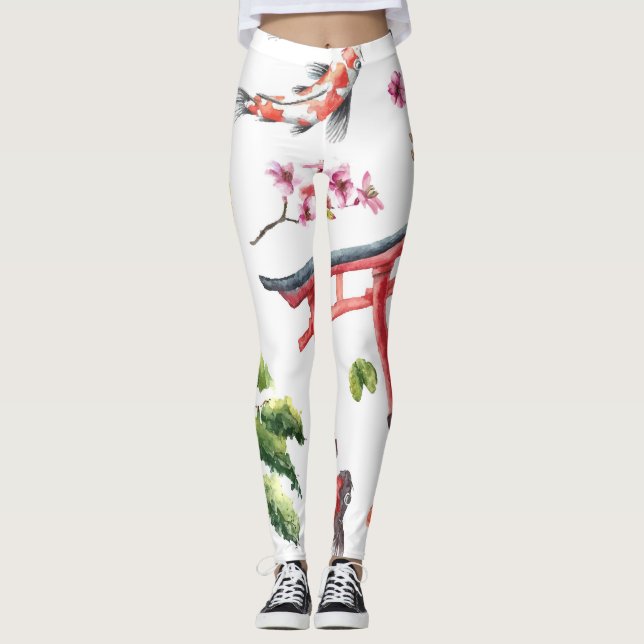 Legging Elementos Japoneses Textura Sem Costura (Frente)