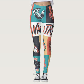 Legging Elementos Natureza, Ícones de Estilo Retroativo.