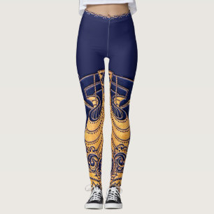 Legging Embarcação Antiga,Golfinhos,Dourado,Azul Marinho