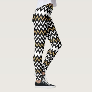 Legging Ênfase Dourada do Padrão Chevron Preto e Branco