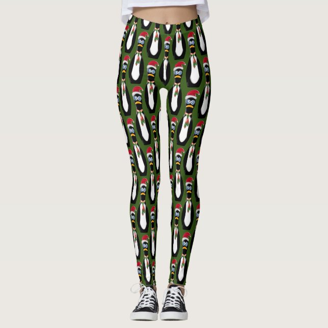 Legging Engraçado Pinguins de Natal em Verde (Frente)