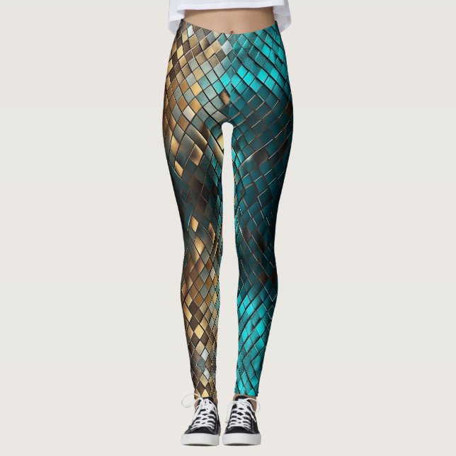Legging Escalas de Dragões Dourados Azuis (Frente)