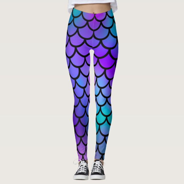 Legging Escamas de sereia azuis rosa roxo verde-água Peixe (Frente)