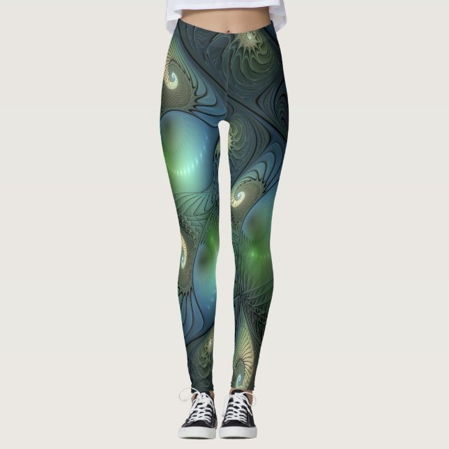 Legging Espirais Teal Beige Verde Abstrato Fractal (Frente)