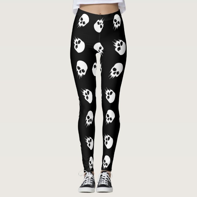 Legging esqueleto branco preto do crânio de halloween (Frente)