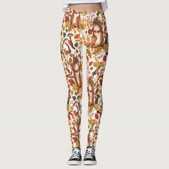 Legging Esquilos de outono e flora autóctone em branco (Frente)