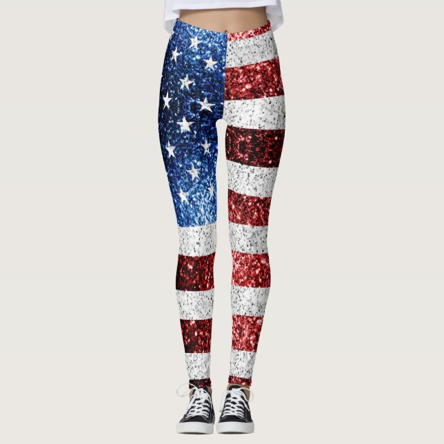 Legging Estados Unidos: bandeira azul-vermelho brilha (Frente)