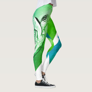Legging Estampa de Arte de Tartaruga Marinha Gráfica Aqua 