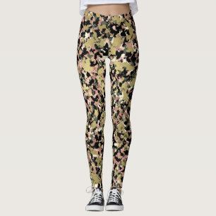 Legging Estampa de Camuflagem Preto Rosa Verde Dourado