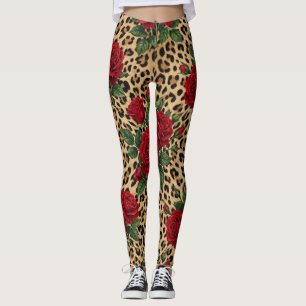 Legging Estampa de leopardo com rosas vermelhas