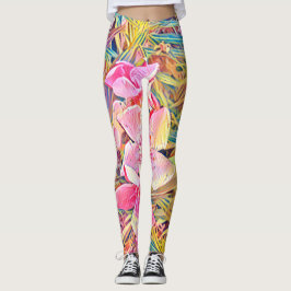 Legging Estampa de Orquídea Rosa e Folha de Palmeira Tropi