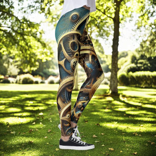 Legging Estampunk Clockwork Dourado e Teal