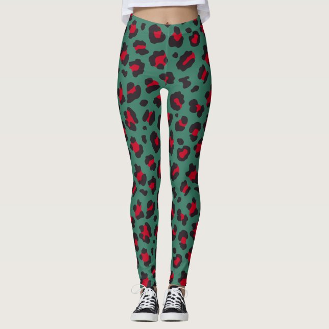 Legging Estilo 80s - Impressão Leopardo Vermelho e Verde (Frente)