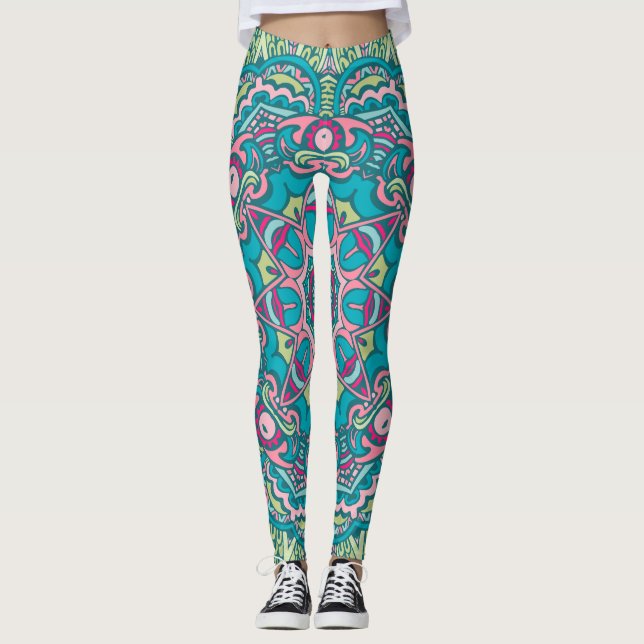 Legging Estilo Boêmico Adorável Turquesa E Rosa (Frente)