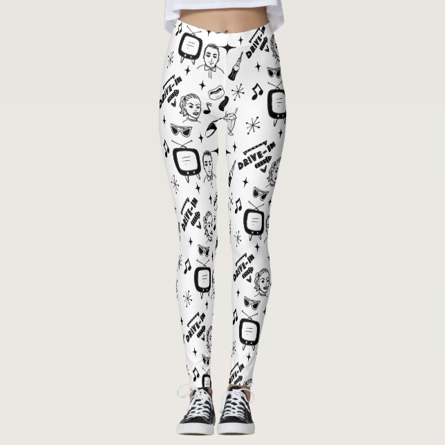 Legging Estilo de Arte Retro-Pop preto e branco nostálgico (Frente)
