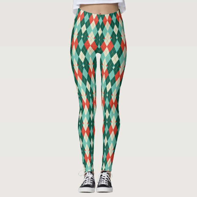Legging Estilo de Natal Vermelho e Teal retro geométrico (Frente)
