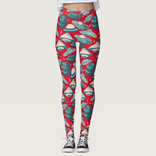 Legging Estilo de Retro de Padrão de OVNI. Vermelho BG