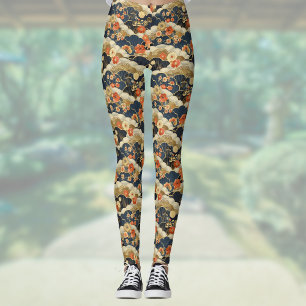 Legging Estilo Japonês - Impressão do Floral e das Nuvens 