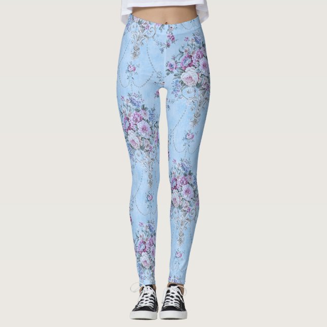 Legging Estilo Vitoriano Branco Azul Francês Floral (Frente)