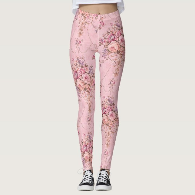 Legging Estilo Vitoriano Rosa-Rosa Antiquado Francês Rococ (Frente)