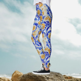 Legging Estiloso Girassol Arabesco Azul Amarelo Aquarela
