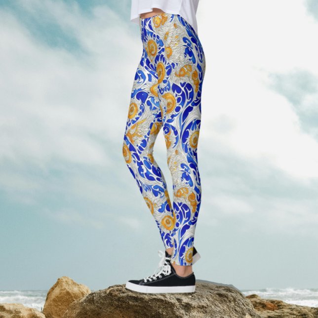 Legging Estiloso Girassol Arabesco Azul Amarelo Aquarela (Criador carregado)