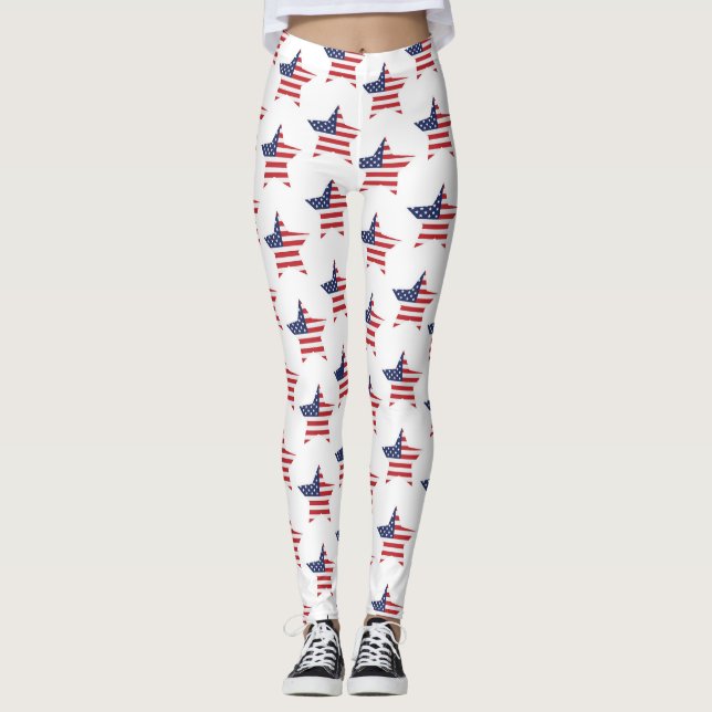 Legging Estrela de Bandeira Branca Vermelha Patriótica Ame (Frente)
