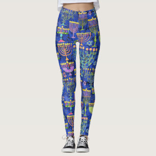 Legging Estrela de David Hanukkah, Dourada Menorah Azul-Ch