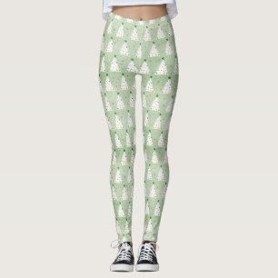 Legging Estrela Verde e Ornamentos de Árvores Xmas Branca