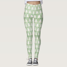 Legging Estrela Verde e Ornamentos de Árvores Xmas Brancas