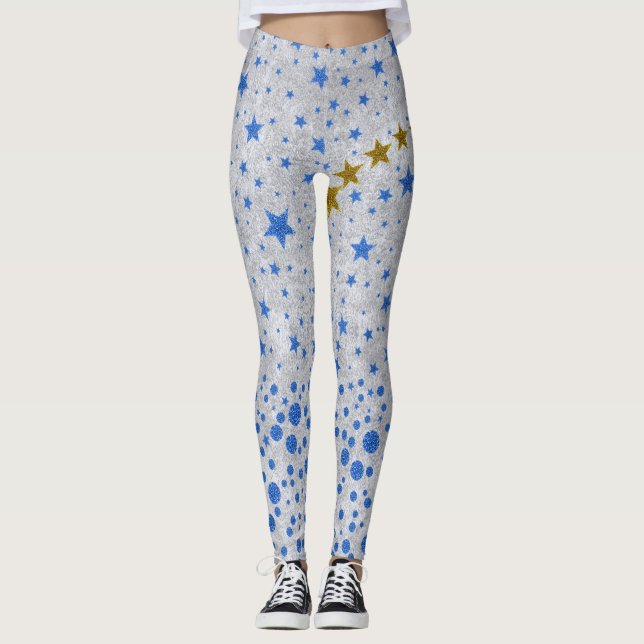 Legging Estrelas azuis cintilantes em papel prateado abstr (Frente)