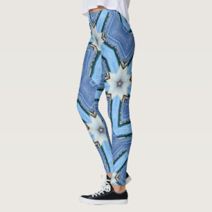 Legging estrelas de flores brancas azul geométrico