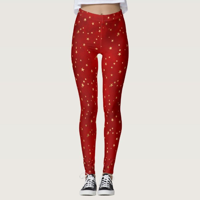 Legging Estrelas de Natal de Inverno Vermelhas e Douradas  (Frente)