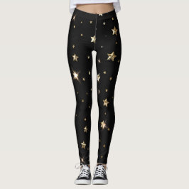 Legging Estrelas de Natal Pretas e Douradas de Faux Metal