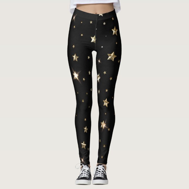 Legging Estrelas de Natal preto e Dourado Faux Metal (Frente)