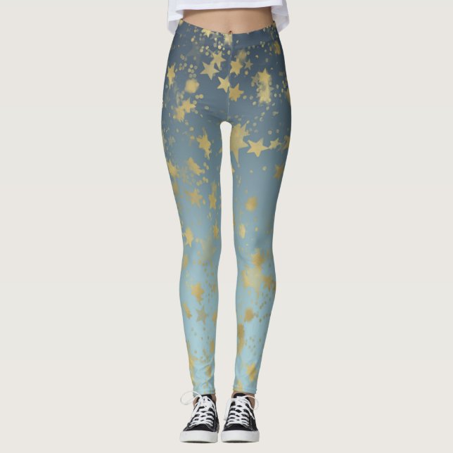 Legging Estrelas de ouro Douradas Azul Aqua (Frente)