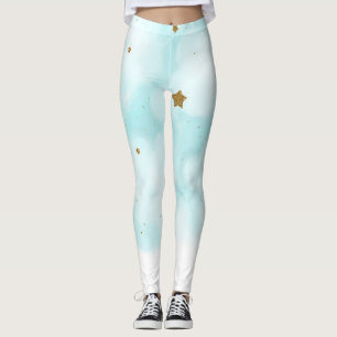 Legging Estrelas Douradas e Nuvens de Céu Azul Celestial F