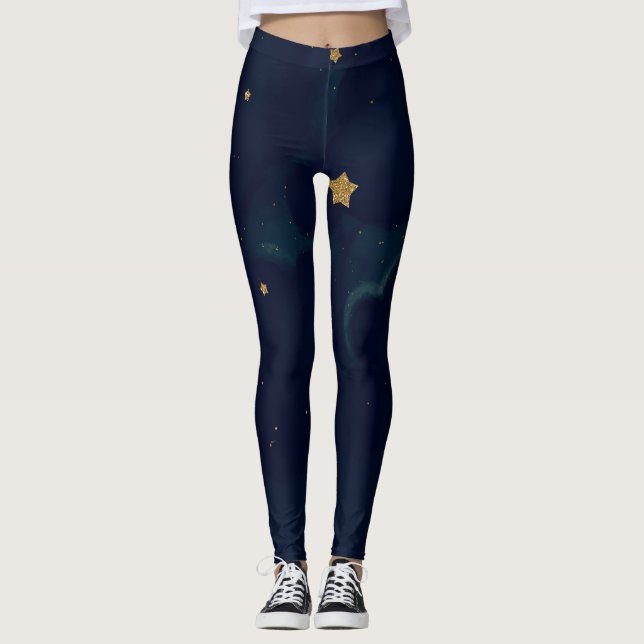 Legging Estrelas Douradas e Nuvens de Céu Azul Escuro Cele (Frente)