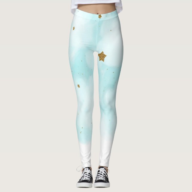 Legging Estrelas Douradas e Nuvens do Céu Azul Cute Celest (Frente)