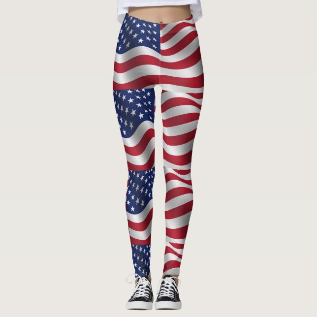 Legging Estrelas e faixas, pernas vermelhas, brancas e azu (Frente)