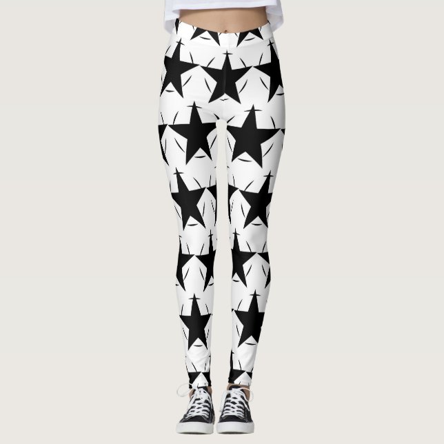 Legging Estrelas Pretas e Brancas Padrão Geométrico Circul (Frente)