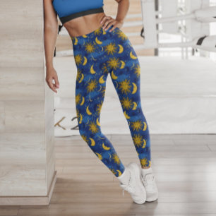 Legging Estrelas Sol Lua Padrão Celeste Azul Dourado
