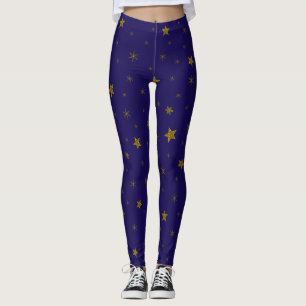 Legging Estrelas sparkly do Natal do ouro no azul