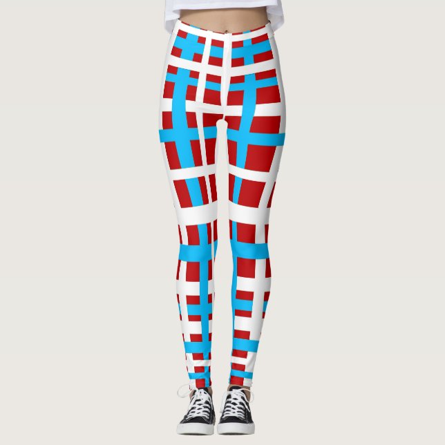 Legging Estrias de entrelaçamento Vermelho Branco Azul Cla (Frente)