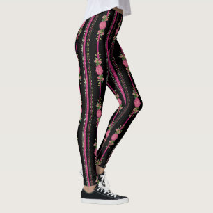 Legging Estrias e Pernas Florais, a Preto e Rosa